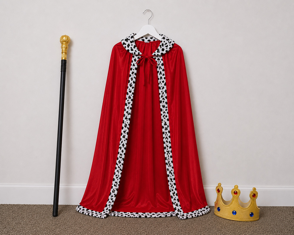 Kids King Costume Set Red Royal Cape Crown Scepter Halloween Size L 10-12
